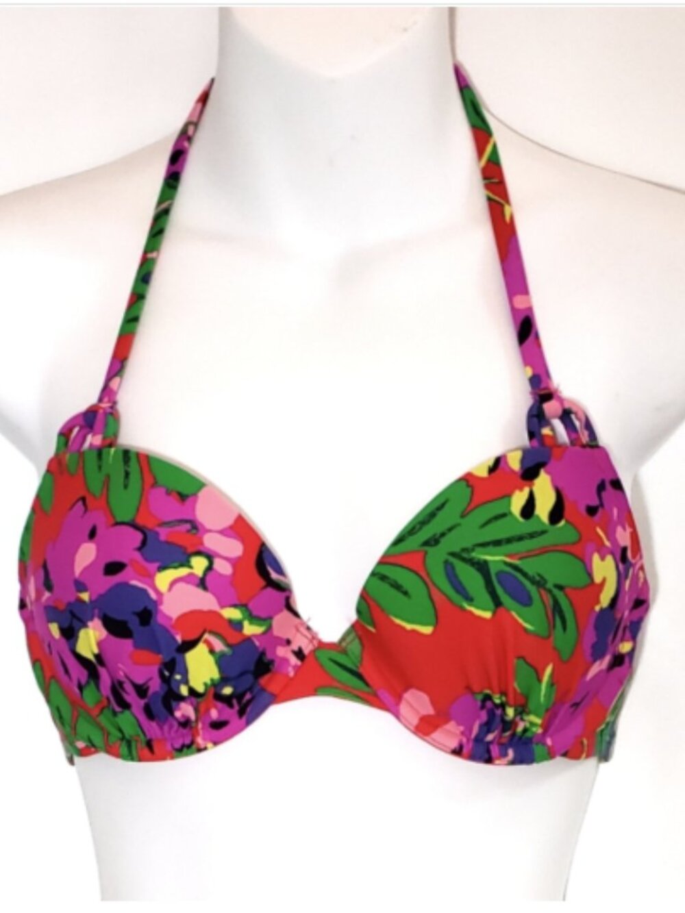 Aerie 36B Blakely Floral Halter Underwire Bikini Top Pink Green Tropical Swim